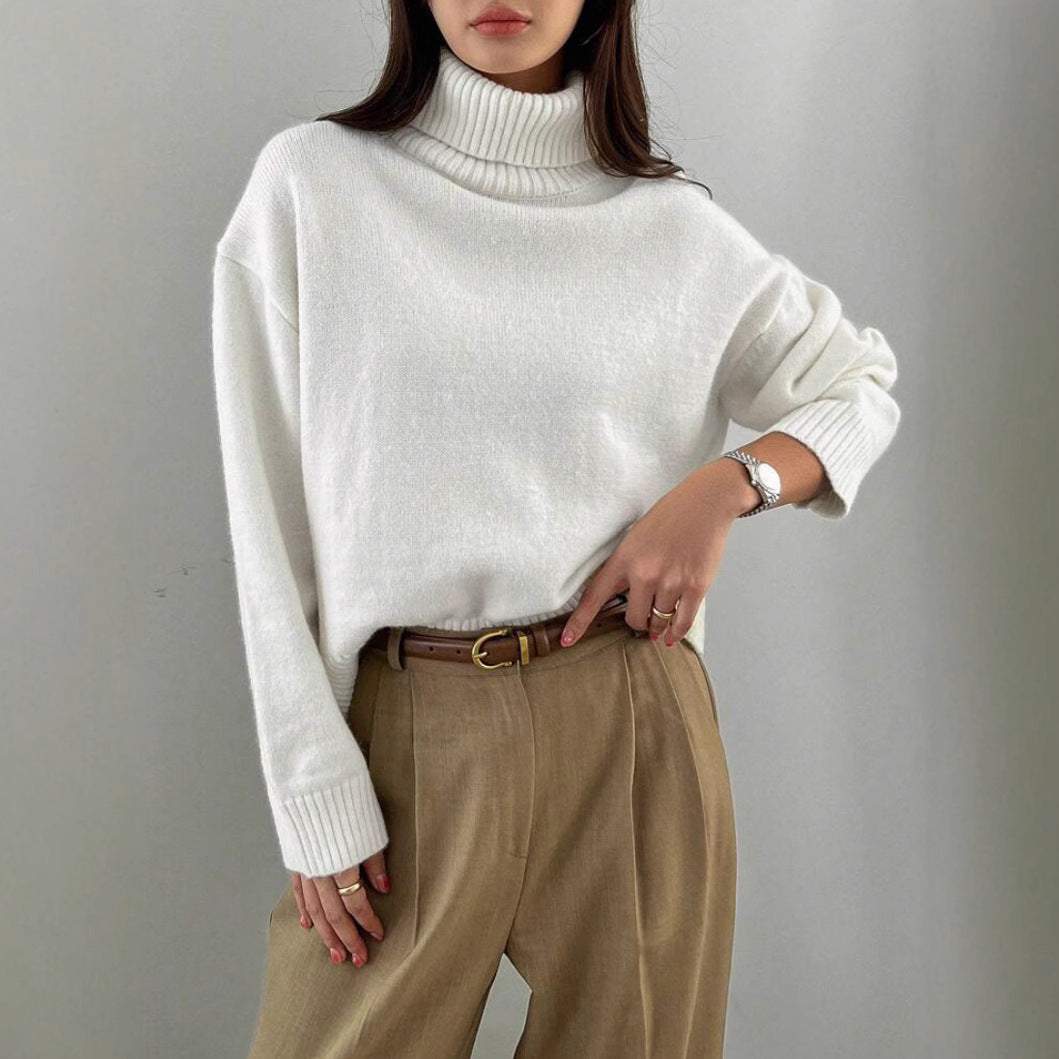 Loose Fitting High Neck Solid Color Sweater | PHYLIA