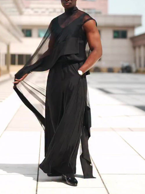 Black Mesh Irregular Hem Wide-Leg Pants Suit | PHYLIA