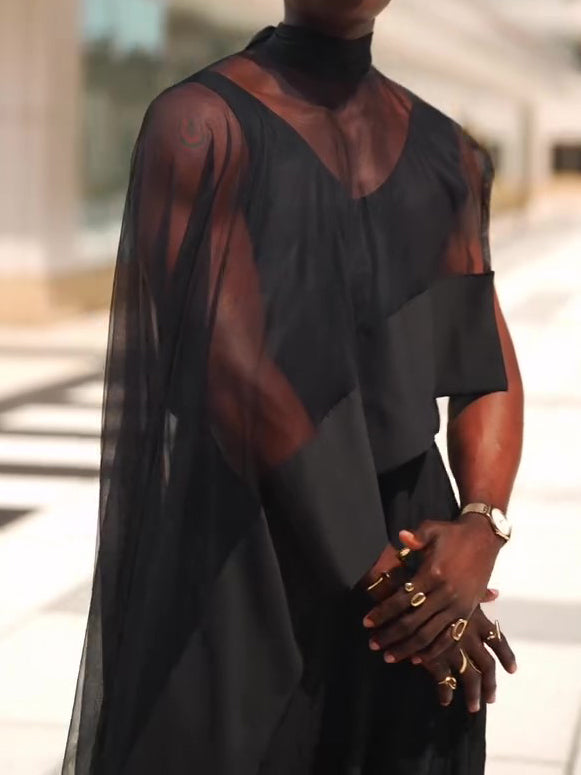 Black Mesh Irregular Hem Wide-Leg Pants Suit | PHYLIA