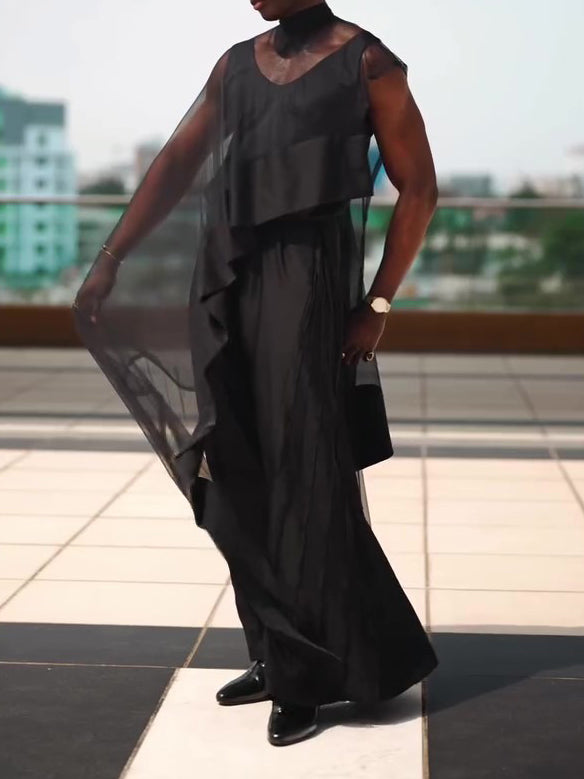 Black Mesh Irregular Hem Wide-Leg Pants Suit | PHYLIA