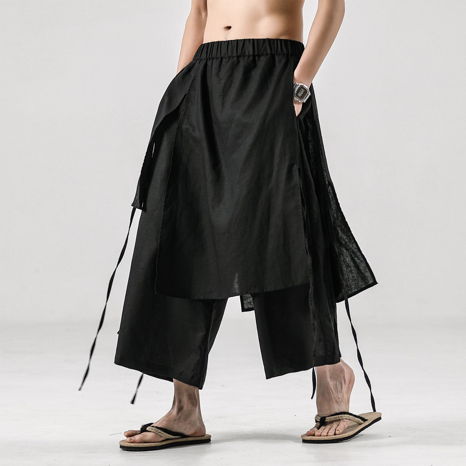 Solid-Color Retro Linen Casual Culottes | PHYLIA