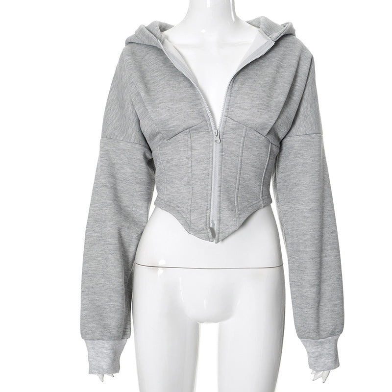 Zipper Hoodie Cardigan, Long Sleeve Jacket with Corset | PHYLIA