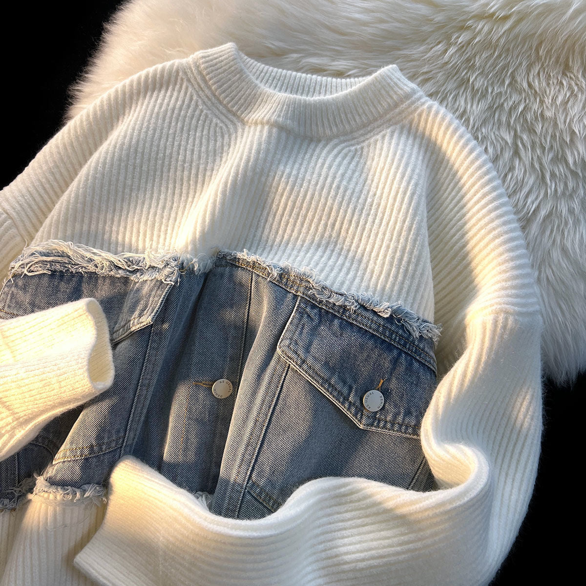 Denim Splicing Knitwear Sweater | PHYLIA