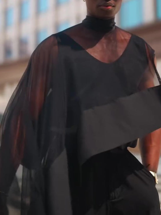 Black Mesh Irregular Hem Wide-Leg Pants Suit | PHYLIA