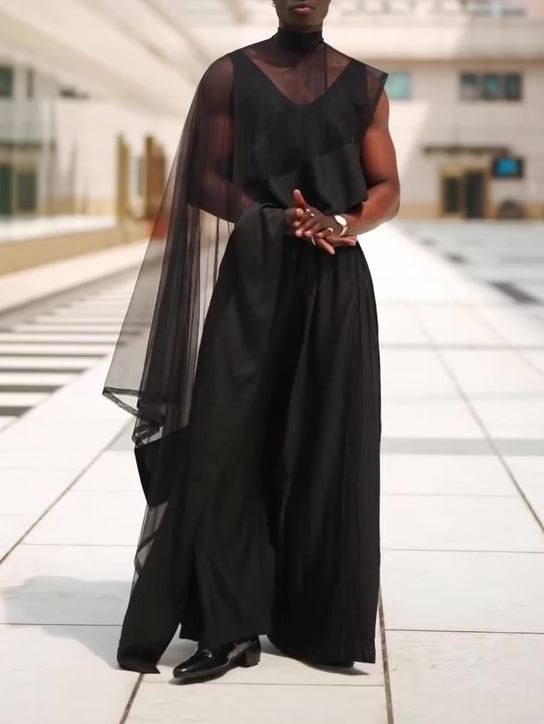 Black Mesh Irregular Hem Wide-Leg Pants Suit | PHYLIA