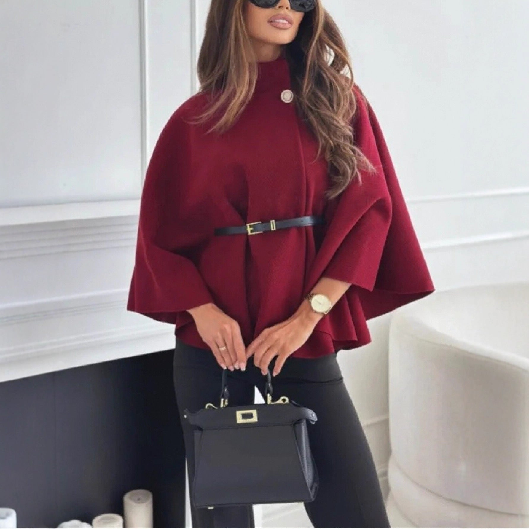 Stand Collar Batwing Sleeve Cloak Top Woolen Jacket | PHYLIA