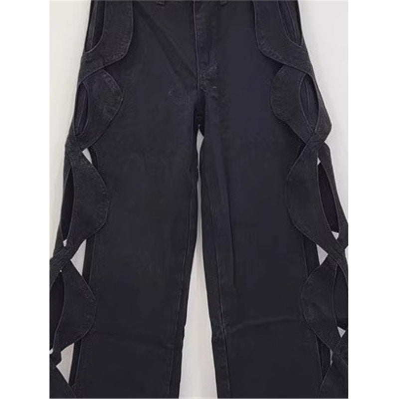 Braid Ripped Wide-Leg Casual Straight-Leg Jeans | PHYLIA