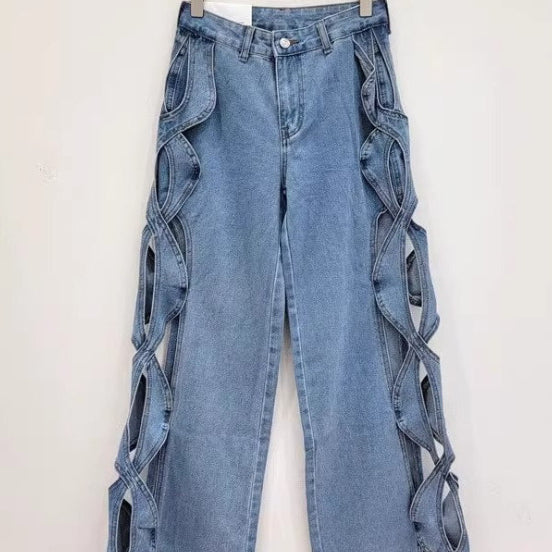 Braid Ripped Wide-Leg Casual Straight-Leg Jeans | PHYLIA