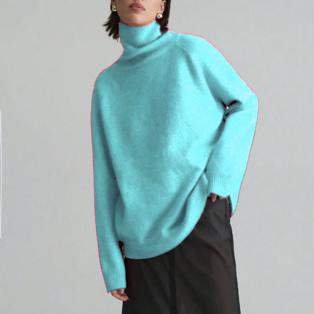 Loose Fitting High Neck Solid Color Sweater | PHYLIA