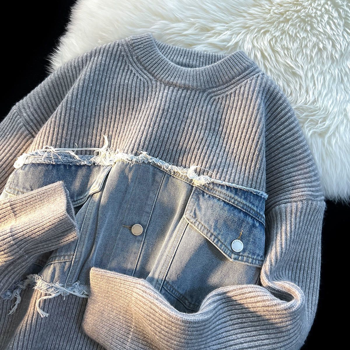 Denim Splicing Knitwear Sweater | PHYLIA