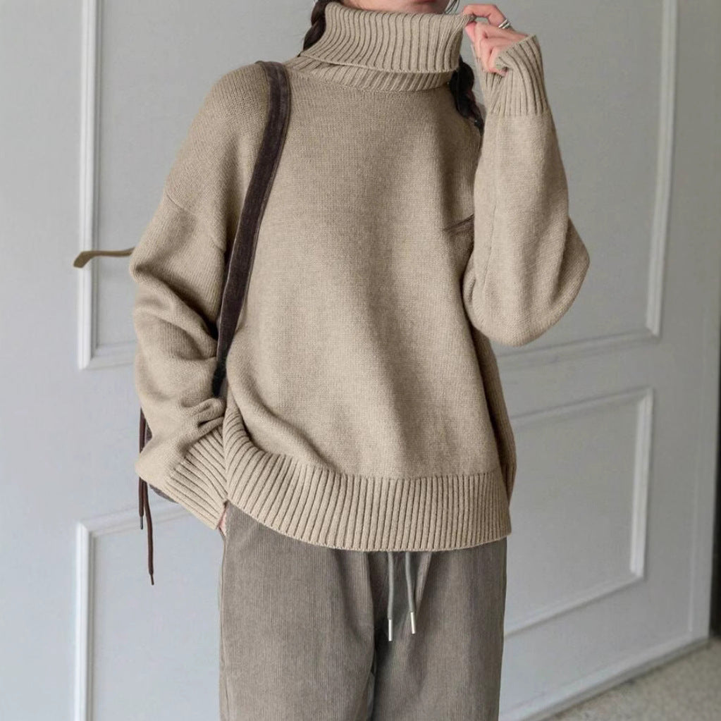 Loose Fitting High Neck Solid Color Sweater | PHYLIA