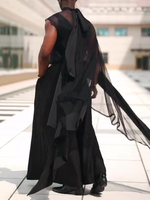 Black Mesh Irregular Hem Wide-Leg Pants Suit | PHYLIA