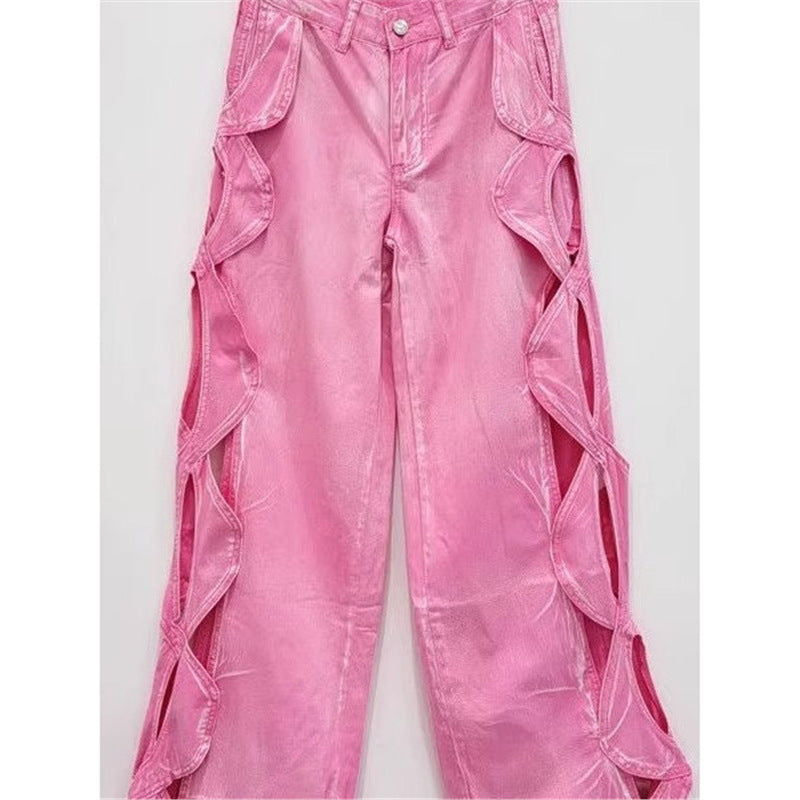 Braid Ripped Wide-Leg Casual Straight-Leg Jeans | PHYLIA