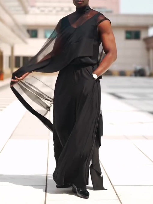 Black Mesh Irregular Hem Wide-Leg Pants Suit | PHYLIA